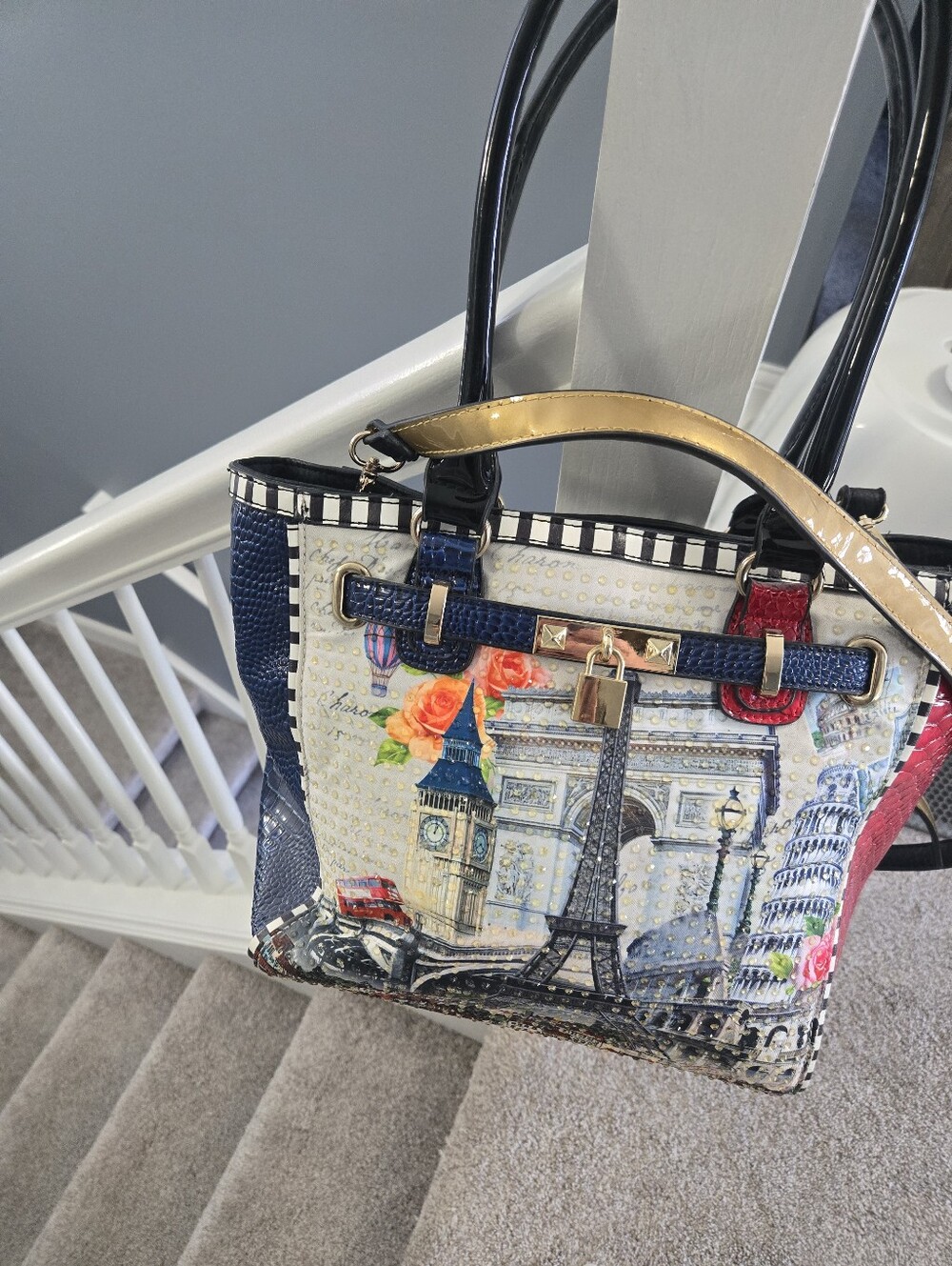 Nicole Lee Multi-Color Landmark Tote with Gold Padlock & Studs - Picture 3 of 7